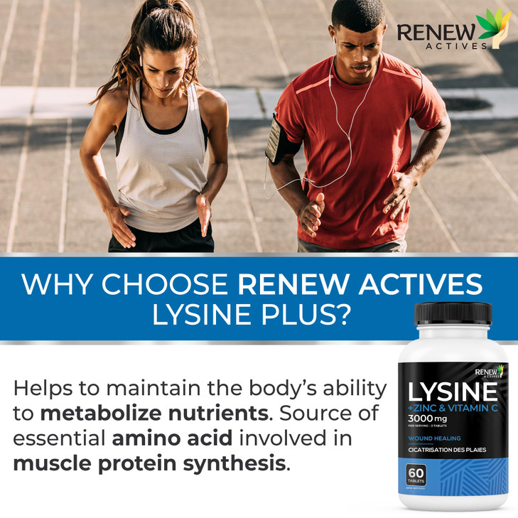 Renew Actives L-Lysine 1000 mg per Serving with Zinc & Vitamin C  Supports Immune Function, Collagen Formation, Antioxidant Support, & Healthy Skin,