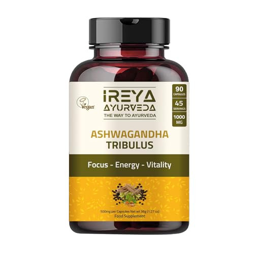 Ireya Ayurveda Ashwagandha Capsules Organic 1000mg (90 Capsules) Made with Tribulus Terrestris, Shatavari and Black Pepper Organic Ingredients | 45 D