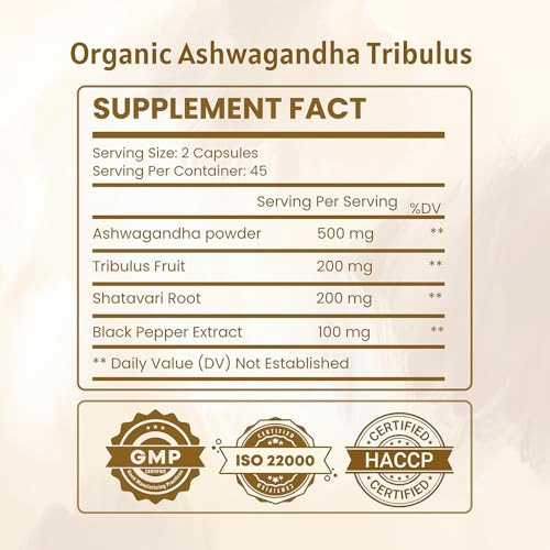 Ireya Ayurveda Ashwagandha Capsules Organic 1000mg (90 Capsules) Made with Tribulus Terrestris, Shatavari and Black Pepper Organic Ingredients | 45 D