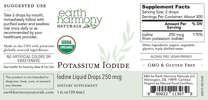 USDA Organic Potassium Iodide 250 mcg Liquid Supplement 2-Pack (1-Year Supply) - Supports The Thyroid Gland and Helps Exposure & Low Levels of Iodine