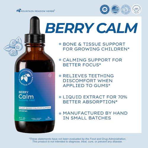 Mountain Meadow Herbs Berry Calm for Kids  Herbal Calcium Supplement for Strong Bones, Teeth, Focus & Relaxation, Great Tasting Liquid Formula, 4 oz