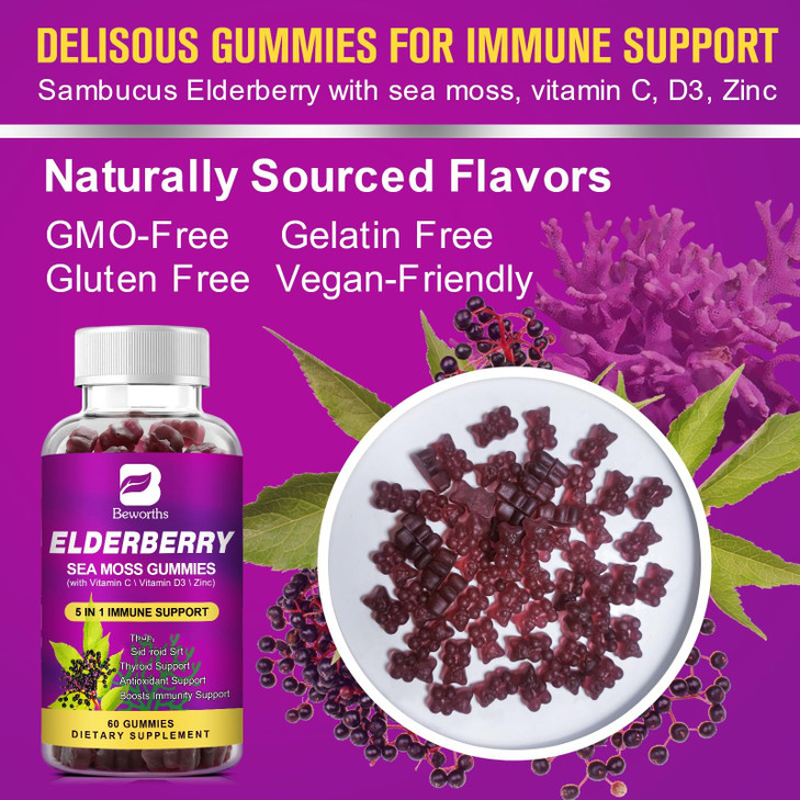 B BEWORTHS Elderberry Gummies & Irish Sea Moss, Organic Sambucus Elderberry Gummy with Seamoss, Zinc, Vitamin C, D3, Multivitamin Elderberry Vitamin