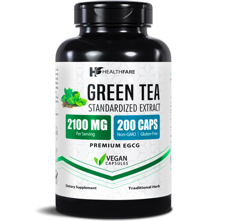 Healthfare Green Tea Extract Pills 2100mg | Supplement Standardized with EGCG & Polyphenols | 200 Vegan Capsules | Extra Strength Antioxidant Support