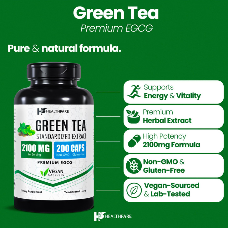 Healthfare Green Tea Extract Pills 2100mg | Supplement Standardized with EGCG & Polyphenols | 200 Vegan Capsules | Extra Strength Antioxidant Support