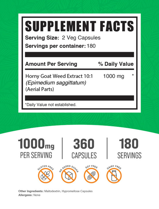 BulkSupplements.com Horny Goat Weed Capsules - Epimedium Extract, Horny Goat Weed Herbal Supplements - Vegan, 2 Capsules per Serving (1000mg), 360 Ve