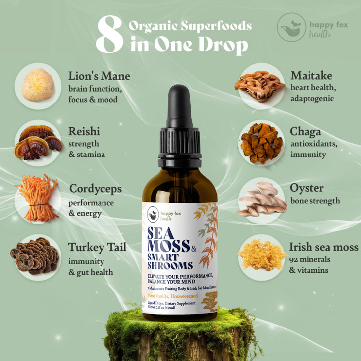 HAPPY FOX Irish Sea Moss Liquid Drops & Mushroom Tincture - Seamoss with 7 Adaptogenic Mushroom Extracts for Cognitive Support & Gut Health, Mushroom
