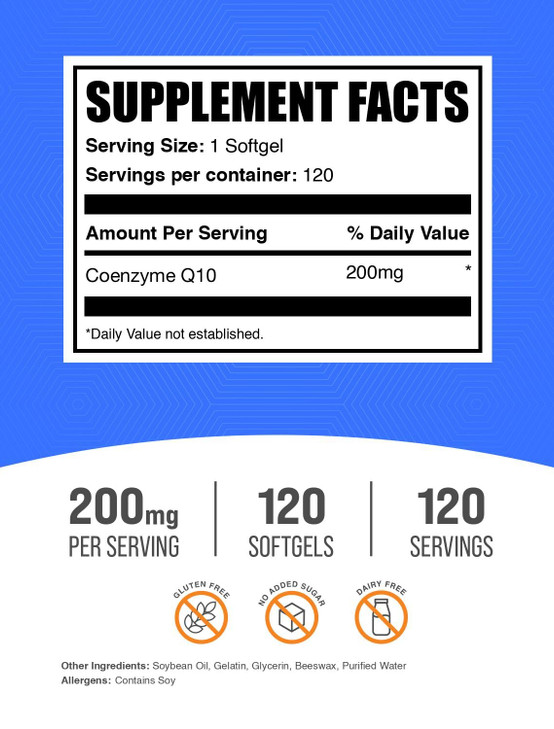 BulkSupplements.com CoQ10 200mg Softgels - for Heart Health, Coenzyme Q10 200mg Supplement, Gluten Free, 1 Softgel per Serving, 120 Count (Pack of 1)