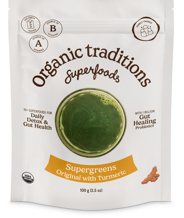 Organic Traditions Super Greens Powder with Turmeric, Organic Greens Superfood Blend with Vitamins Minerals and Probiotics, Plant Based Green Juice M