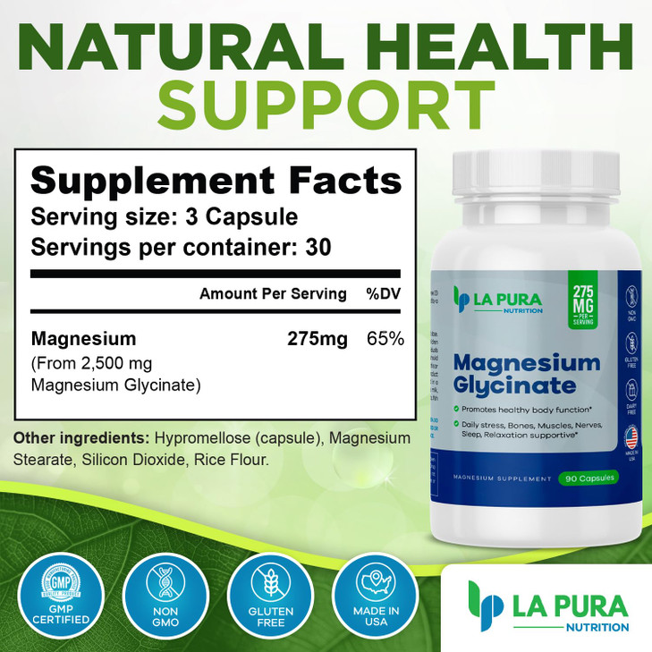 LaPura Magnesium Glycinate 275 mg Supplement, 90 Capsules - Daily Stress Relief, Promotes Sleep & Relaxation - Supports Bones, Muscles, Nerves, Heart