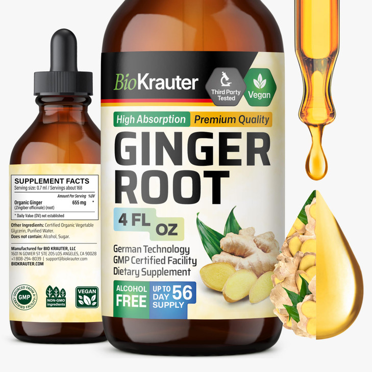 BIO KRAUTER® Ginger Root - Liquid Drops Ginger Extract 655 mg per Serving 2 Fl.Oz 28-Day Supply - Pure Vegan Zingiber Officinale for Digestive Suppor