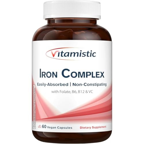 Vitamistic Iron Supplement for Women, 36 mg Elemental Iron, Non-GMO & Non-Constipating, Ferrous Bisglycinate, Plus B & C Vitamins, Blood-Building & E