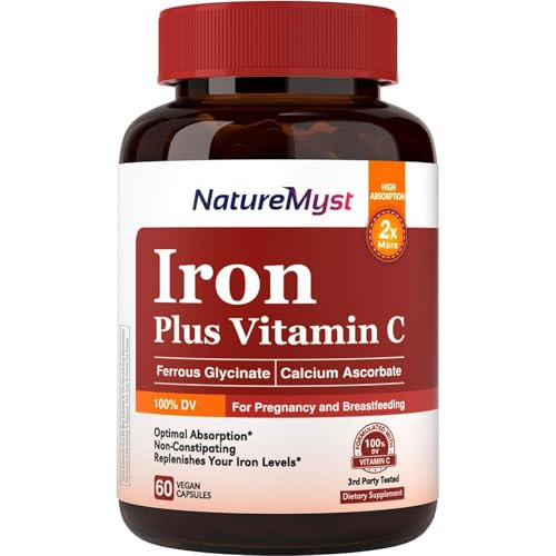 NatureMyst Gentle Iron Supplement for Women Men, 27mg Iron Bisglycinate Plus 120mg Vitamin C, Stomach Friendly, Optimal Absorption & Non-Constipating