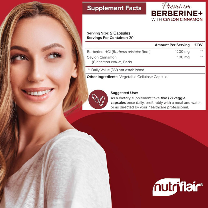 NutriFlair Premium Berberine HCL 1200mg, 60 Capsules - Plus Pure True Ceylon Cinnamon, Supplements Pills, Immune System Support