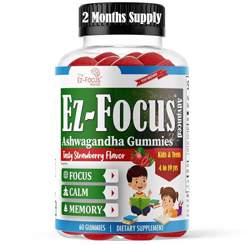Ez-Focus Advance Ashwagandha Root Gummies for Kids & Teens, Brain Supplements for Memory and Focus for Kids, Support Calm Mood, Anti Stress, Relaxati