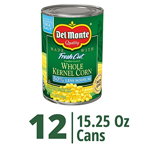 Del Monte FRESH CUT 50% Reduced Sodium Golden Sweet Whole Kernel Corn, Canned Vegetables, 12 Pack, 15.25 oz Can