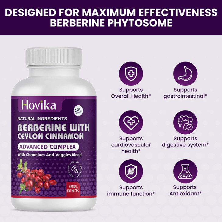 Hovika Berberine HCL Capsules 1200 mg - Berberine Supplement with Ceylon Cinnamon, Chromium, Veggies Blend - Supports Metabolism and Immune System, G