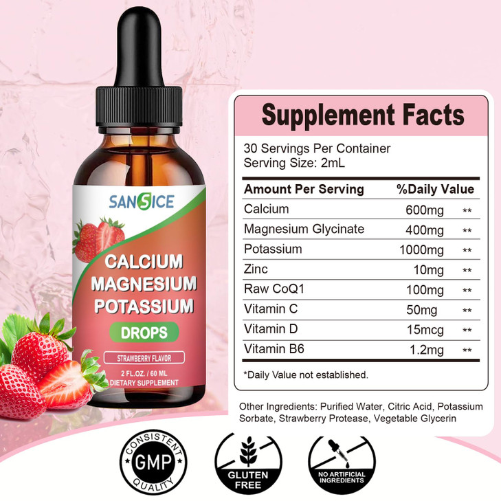 SANSICE Calcium Magnesium Potassium Supplements, Magnesium Glycinate 400mg Zinc Multivitamin Drops Calcium Potassium Supplement High Absorption Vegan
