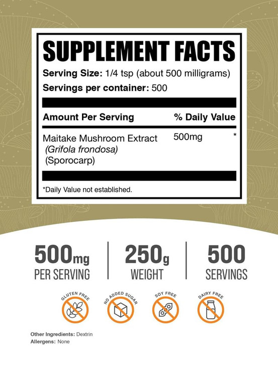 BulkSupplements.com Maitake Mushroom Extract Powder - Maitake Mushroom Supplement Superfood Supplement - Gluten Free, 500mg per Serving, 250g (8.8 oz