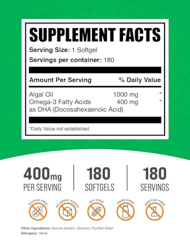 BulkSupplements.com Omega-3 Softgels - from Algal Oil, Algae Oil Omega 3 Supplement - Gluten Free, 1 Softgel per Serving, 180 Count (Pack of 1)