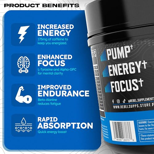 Rebel Supplements Blue Razz Loaded Pre Workout | Extreme Pumps, Laser Focus, Insane Energy | 7000mg L-Citrulline, 4000mg Beta Alanine, 1500mg Nitros