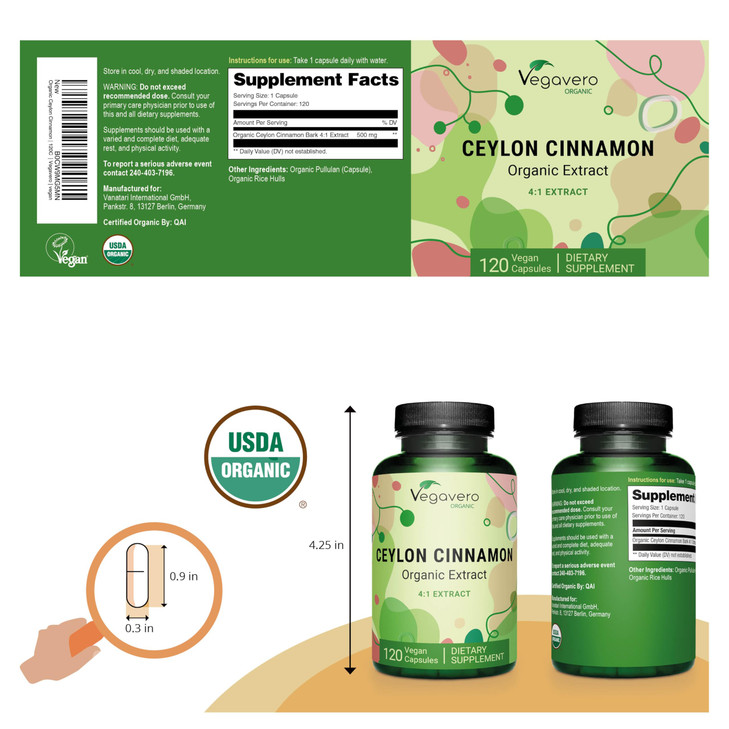 Vegavero Organic Ceylon Cinnamon | 2000mg | USDA Certified | NO Artificial Additives | 4 Month Supply | Lab-Tested, Non-GMO | 120 Capsules | Vegan