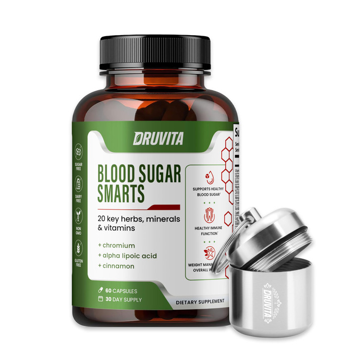 Druvita Blood Sugar Smarts Dietary Supplement 20 Key Herbs, Minerals & Vitamins with Chromium, ALA, Cinnamon & Bitter Melon for Men Women Non-GMO Nat