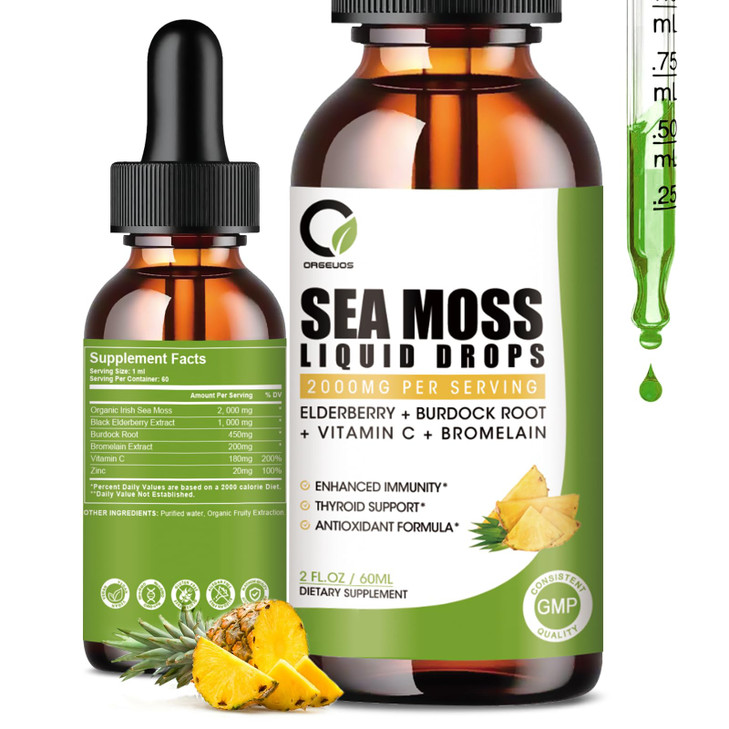 ORGEUOS Sea Moss Drops 2000mg, Irish Sea Moss Supplement Supports Immunity, with Black Elderberry, Burdock Root, Bromelain, Vitamin C & Zinc, 2 Fl.Oz