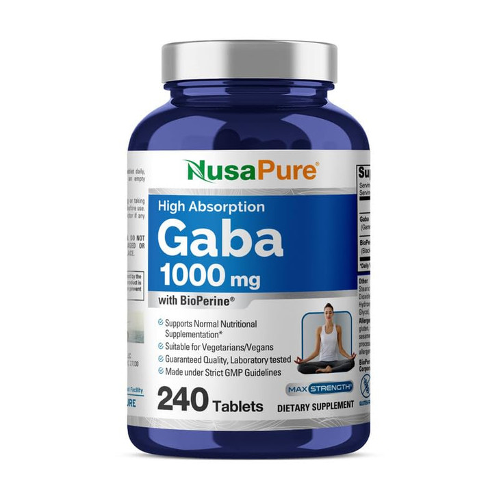 NusaPure GABA - Suitable for Vegetarian/Vegan, Non- GMO - 1000 mg - 240 Tablets