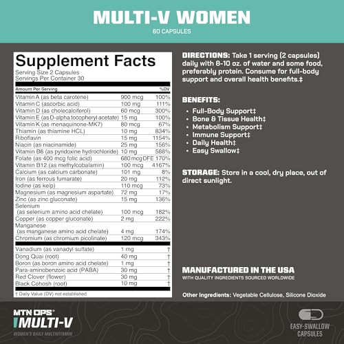 MTN OPS Multi-V Womens Multivitamin Vegetarian Capsules, Essential Daily Vitamin Complex, 60 Capsules, 30 Day Supply