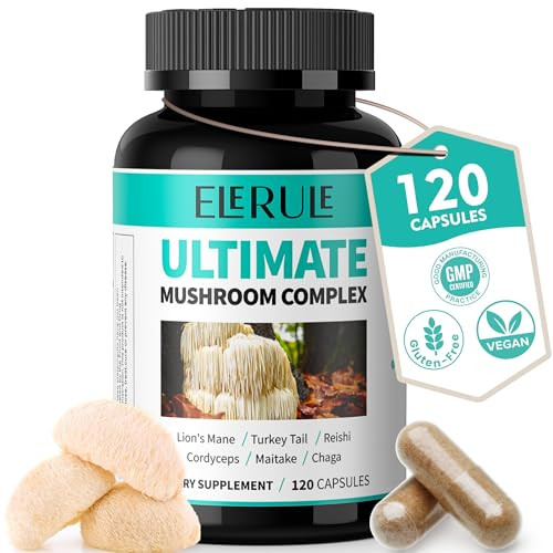 ELERULE 6 in 1 Mushroom Supplement - Focus, Memory, Nootropics Brain & Immune Support Mushroom Complex with Lions Mane, Reishi, Cordyceps, Chaga, Tur