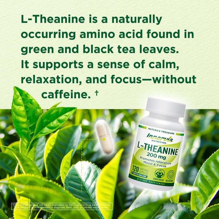 L-Theanine 200mg Veggie Capsules  Promotes Relaxation, Focus & Calm Stress Relief, 120 Count | Innervis Nutrition