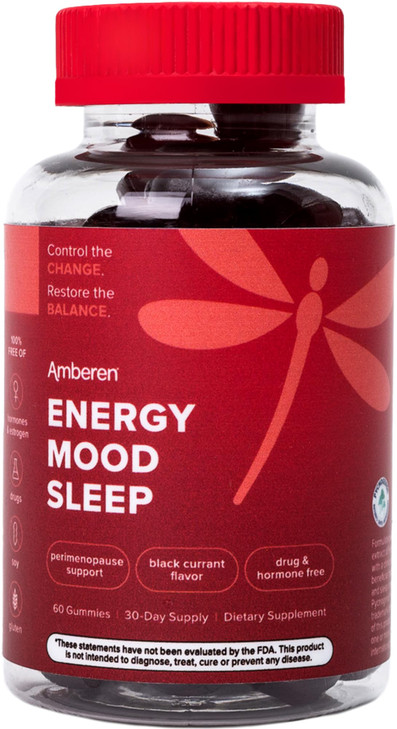 Amberen Energy, Mood, Sleep Gummies with Pycnogenol, Black Currant Flavor, 60 Ct, Support Supplements for Women 35+ to Boost Energy, Support Mood and