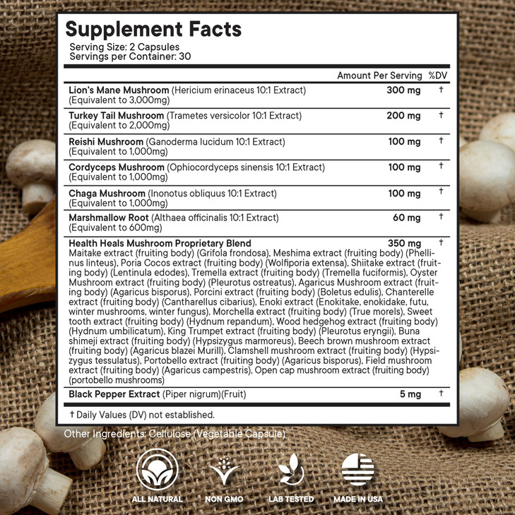 Health Heals Mushroom Supplement with Lion's Mane Turkey Tail Reishi Cordyceps Chaga Marshmallow Root - 60 Count