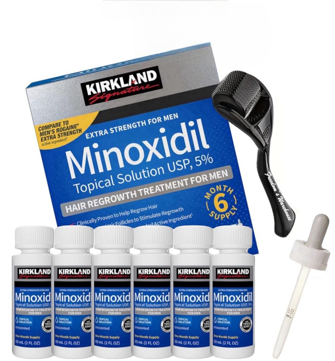 (6 Pack) Kirkland Minoxidil for Men Hair Regrowth Treatment, Liquid Extra Strength 5% Topical Solution, 6 Months Supply - Dropper Applicator and Micr