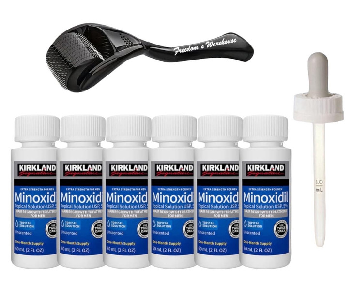(6 Pack) Kirkland Minoxidil for Men Hair Regrowth Treatment, Liquid Extra Strength 5% Topical Solution, 6 Months Supply - Dropper Applicator and Micr