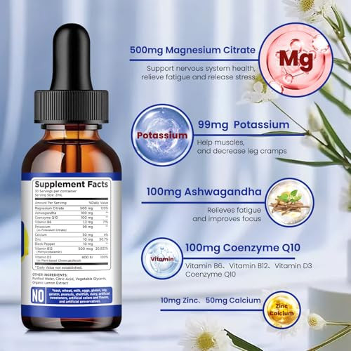 dilib Potassium Magnesium Citrate Supplement, Liquid Magnesium Citrate Drops 500mg with Ashwagandha, Calcium, Zinc, Vitamin D3, B6, B12, CoQ10 - Vega