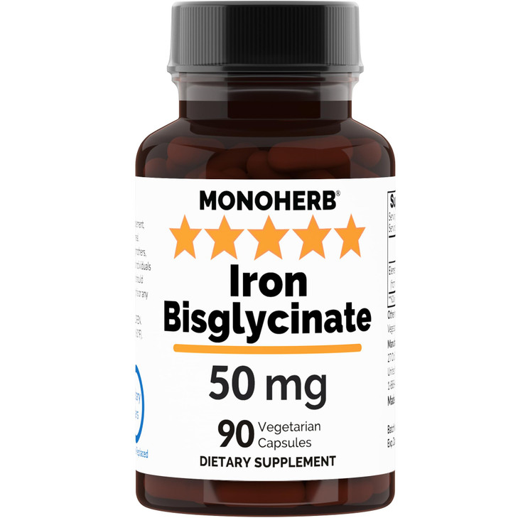 Iron Bisglycinate 50 mg - 90 Veg Capsules - 50 mg of Elemental Iron per Capsule