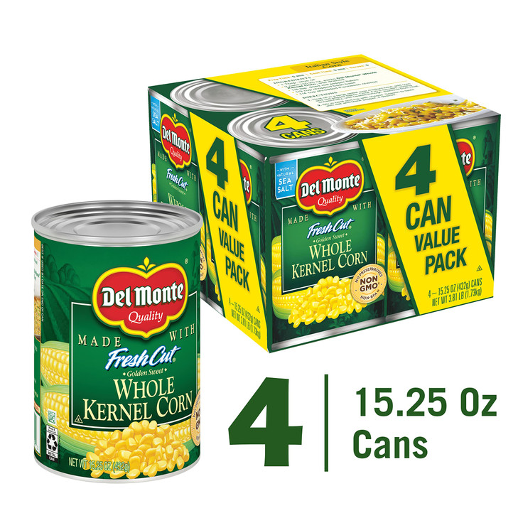 DEL MONTE FRESH CUT Golden Sweet Whole Kernel Corn Canned Vegetables, 4-Pack, 15.25 oz Cans