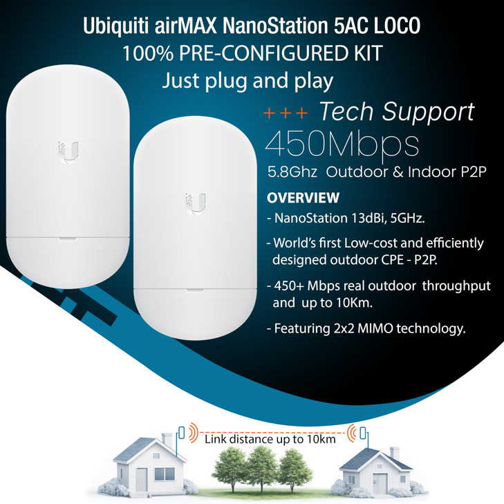 Wireless Bridge Ubiquiti LOCO5AC PRE-CONFIGURED, Bundle of 2 Ubiquiti Nanostation LOCO 5AC, Point to Point Outdoor WiFi Bridge, Plugh and Play, 5GHz,