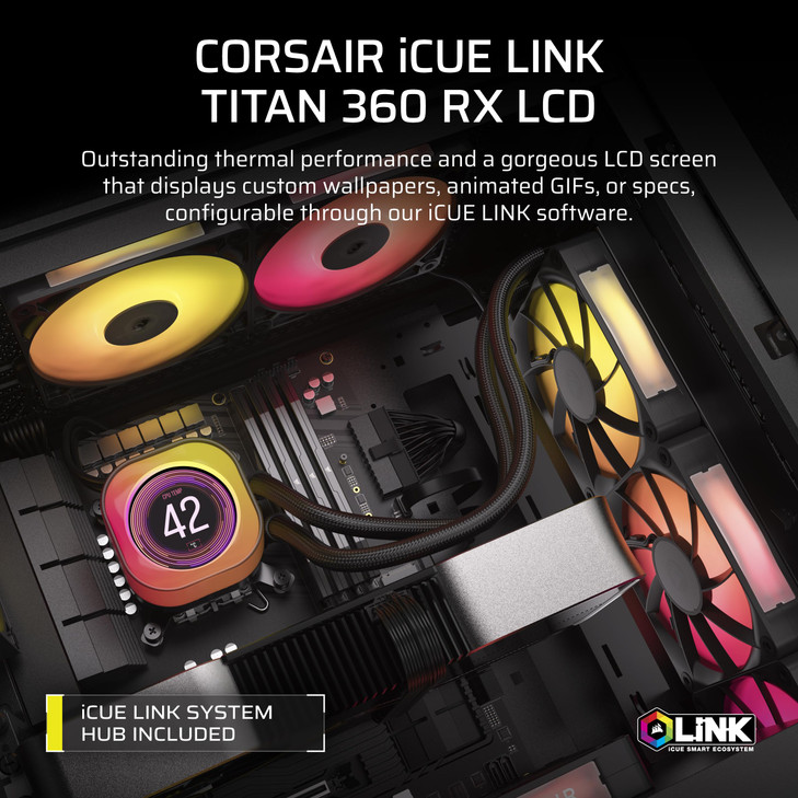 CORSAIR Titan 360 RX LCD Liquid CPU Cooler, 360mm AIO, Low-Noise FlowDrive Cooling Engine, Intel LGA 1851/1700 & AMD AM5/AM4, 3X RX120 RGB Fans, Syst