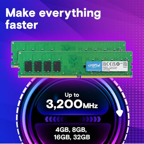 Crucial 32GB DDR4 RAM Kit (2x16GB), 3200MHz (PC4-25600) CL22 Desktop Memory, UDIMM 288-Pin, Downclockable to 2933/2666MHz, Compatible with Intel and