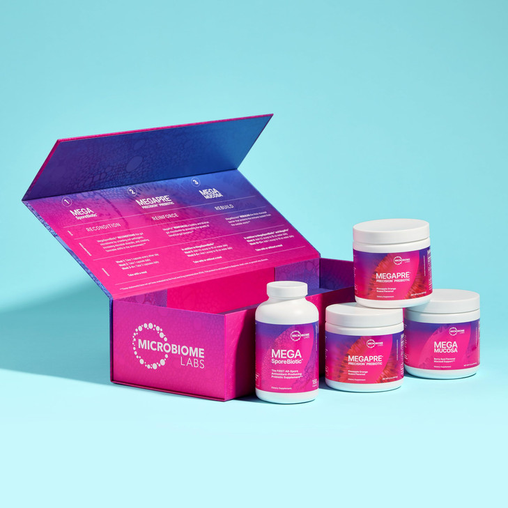 Microbiome Labs Total Gut Restoration Kit (Powder) - 3-Product Gut Health Spore Based Probiotic, Prebiotic Powder & Mucosal Immunoglobulin + Amino Ac