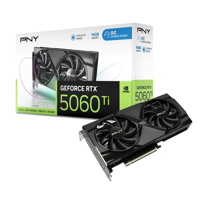 PNY NVIDIA GeForce RTX 5060 Ti OC Dual Fan, Graphics Card (16GB GDDR7, 128-bit, Boost Speed: 2692 MHz, SFF-Ready, PCIe® 5.0, HDMI®/DP 2.1, 2-Slot, N