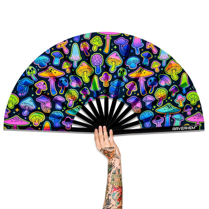 Raveahem UV Glow Rave Fan, Bamboo Folding Clack Hand Fans Foldable for Men Women, Boots on the Ground Poping Fan for EDM Festival Line Dance Decorati