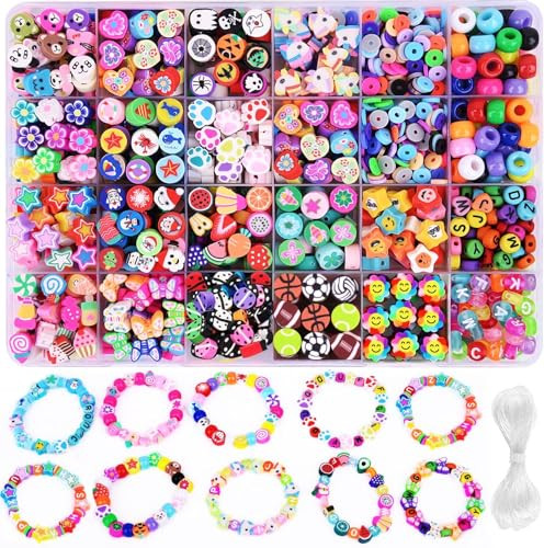 1000PCS Polymer Clay Beads Bracelet Making kit, 24 Style Cute Fun Beads Fruit Flower Animal Cake Butterfly Heart Beads Charms for Jewelry Necklace Ea