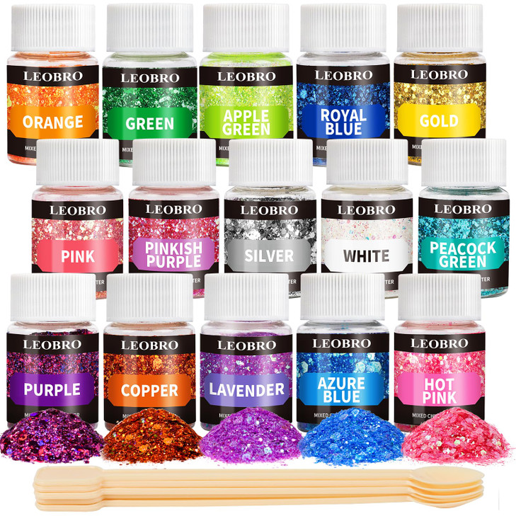 LEOBRO Holographic Chunky Glitter, 15 Colors Craft Glitter for Resin, Nail Body, Jewelry Arts and Crafts, with 5 Mixing Spoons