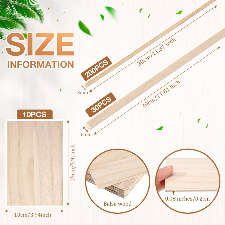 240 Pieces Balsa Wood Sticks Hardwood Square Wooden Craft Dowel Rods Unfinished Balsa Wood Sheets 12 Inch Thin Wooden Strips 1/4 Inch 1/8 Inch for DI