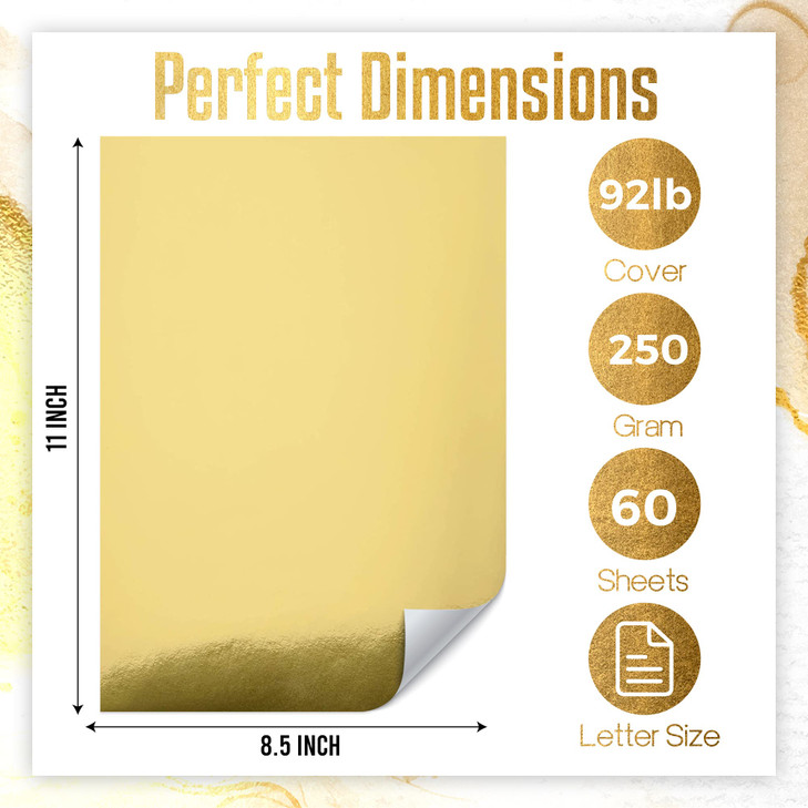 Metallic Gold Cardstock Paper, 60pcs of 8.5x11 (250 GSM) - Gold Paper Foil Board, Mirror Finish Surface  Die Cut and Plotter Compatible - Perfect