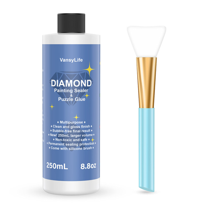 VansyLife Updated Diamond Painting Sealer 250ML with Silicone Brush, 5D Diamond Painting Glue Accessories Permanent Hold & Shine Effect for Diamond P