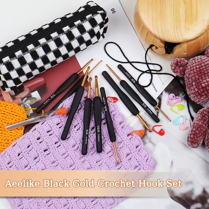 Aeelike 31pcs Crochet Hook Set, Black Gold Crochet Hooks Ergonomic with Grips for Arthritic Hands, Crochets Needles Set with Knitting & Crochet Suppl